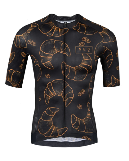 Neo Hyphen Le Croissant Jersey for men, showcasing a stylish black and gold design with croissants printed on it.